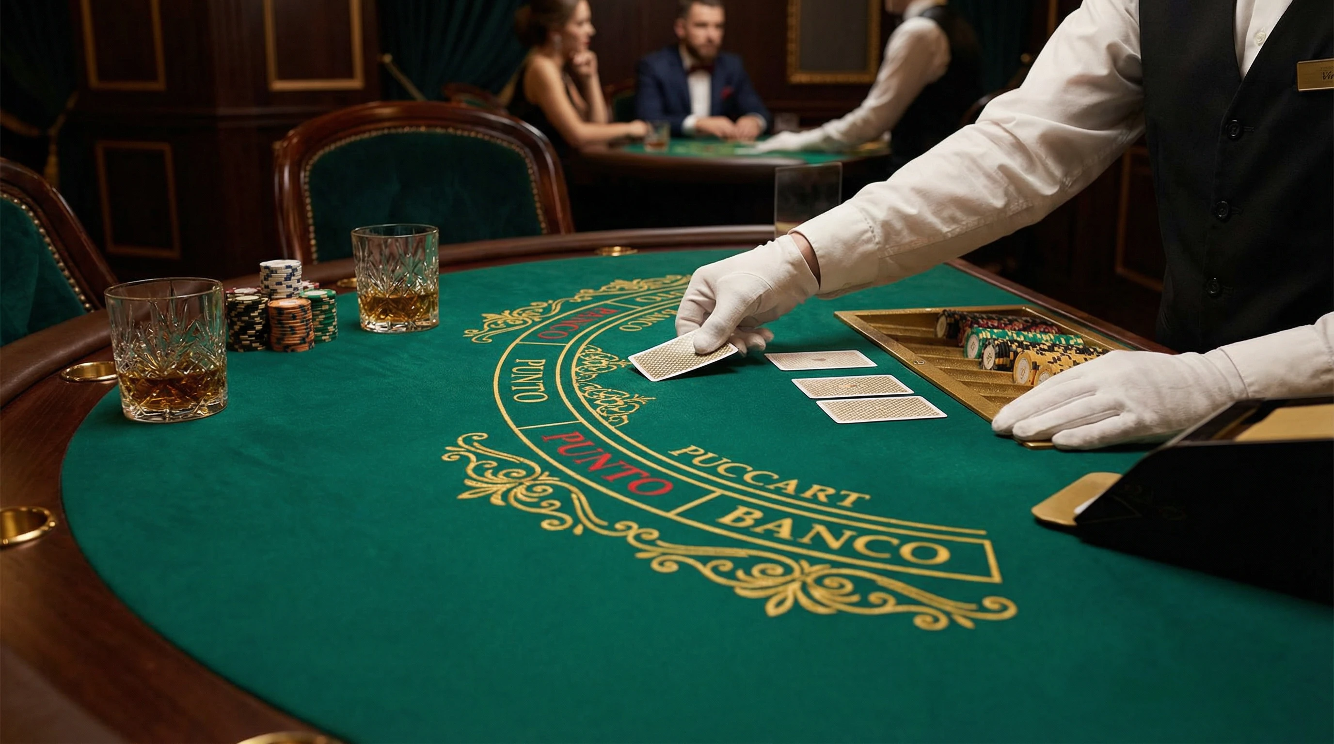 Mesa de bacará VIP con cartas y fichas doradas en Betcris Casino