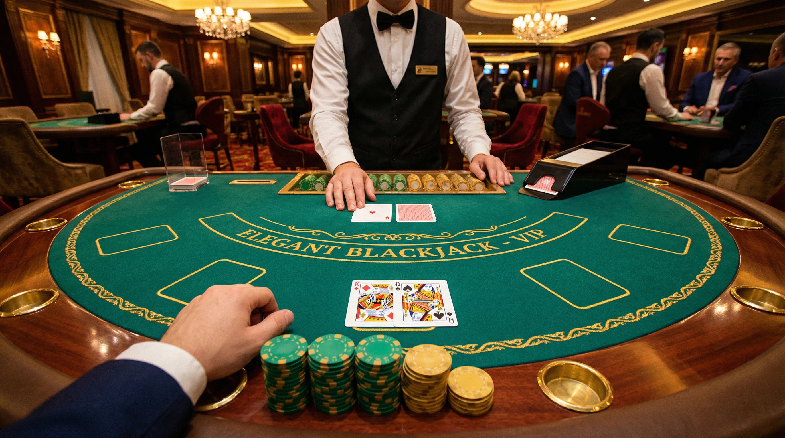 Mesa de blackjack VIP con cartas y fichas en Betcris Casino